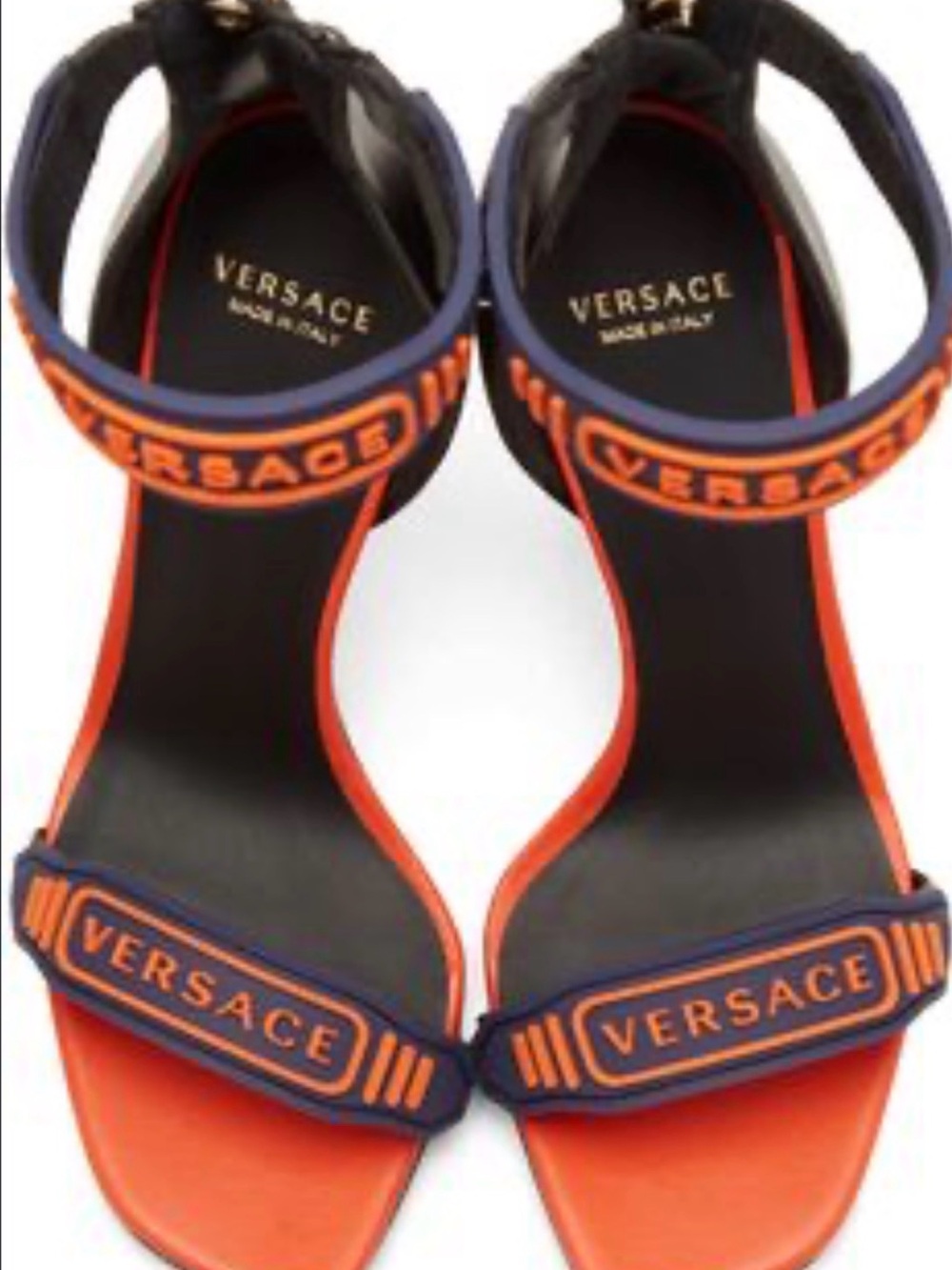 Versace Orange and Navy Logo Strap Heels
